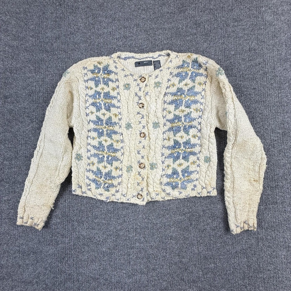 Lizwear Cardigan Sweater Womens Petite P White Floral Embroidered Button Front‎